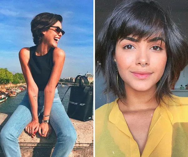 Cortes de cabelo preto curto com franja para emoldurar o rosto