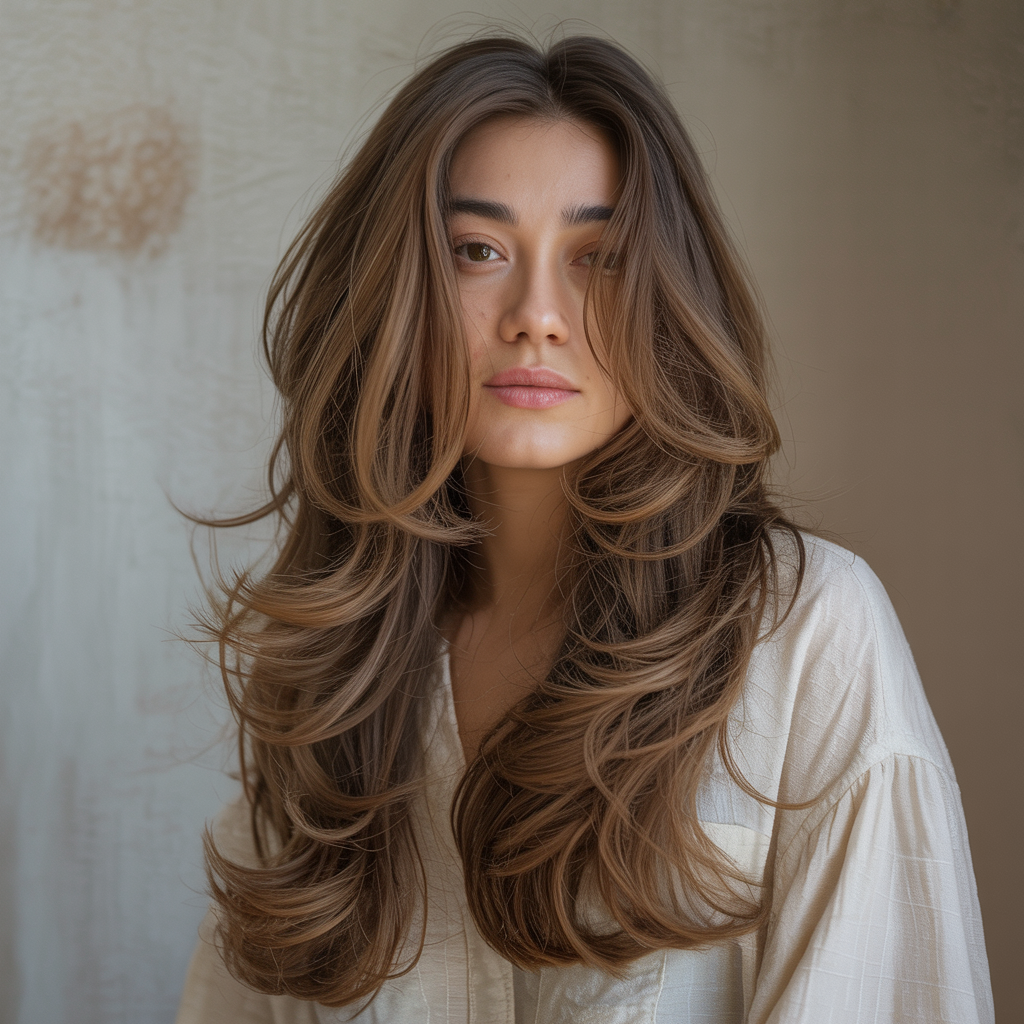 corte em camadas para cabelo longo ondulado com franja