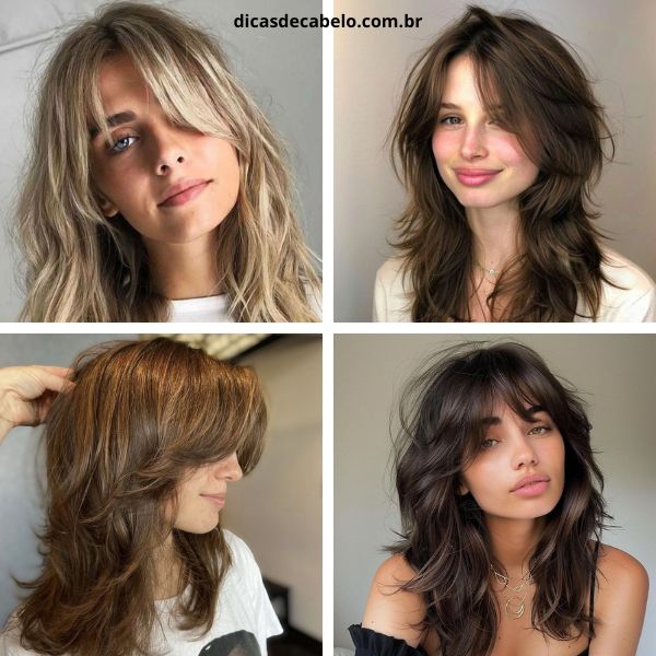 cortes de cabelo repicado em camadas com franja