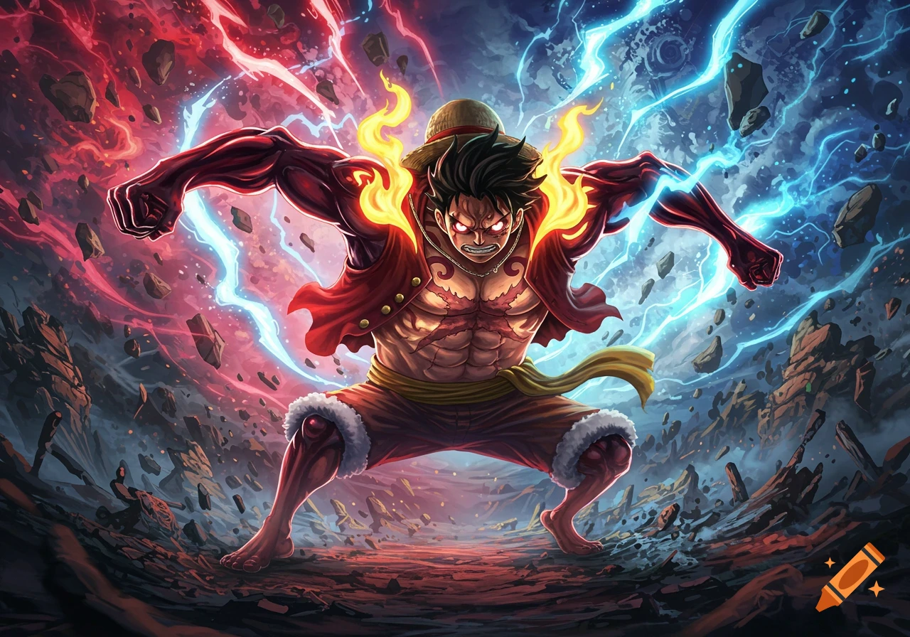 detalhes da transformação luffy gear 5 cabelo vermelho